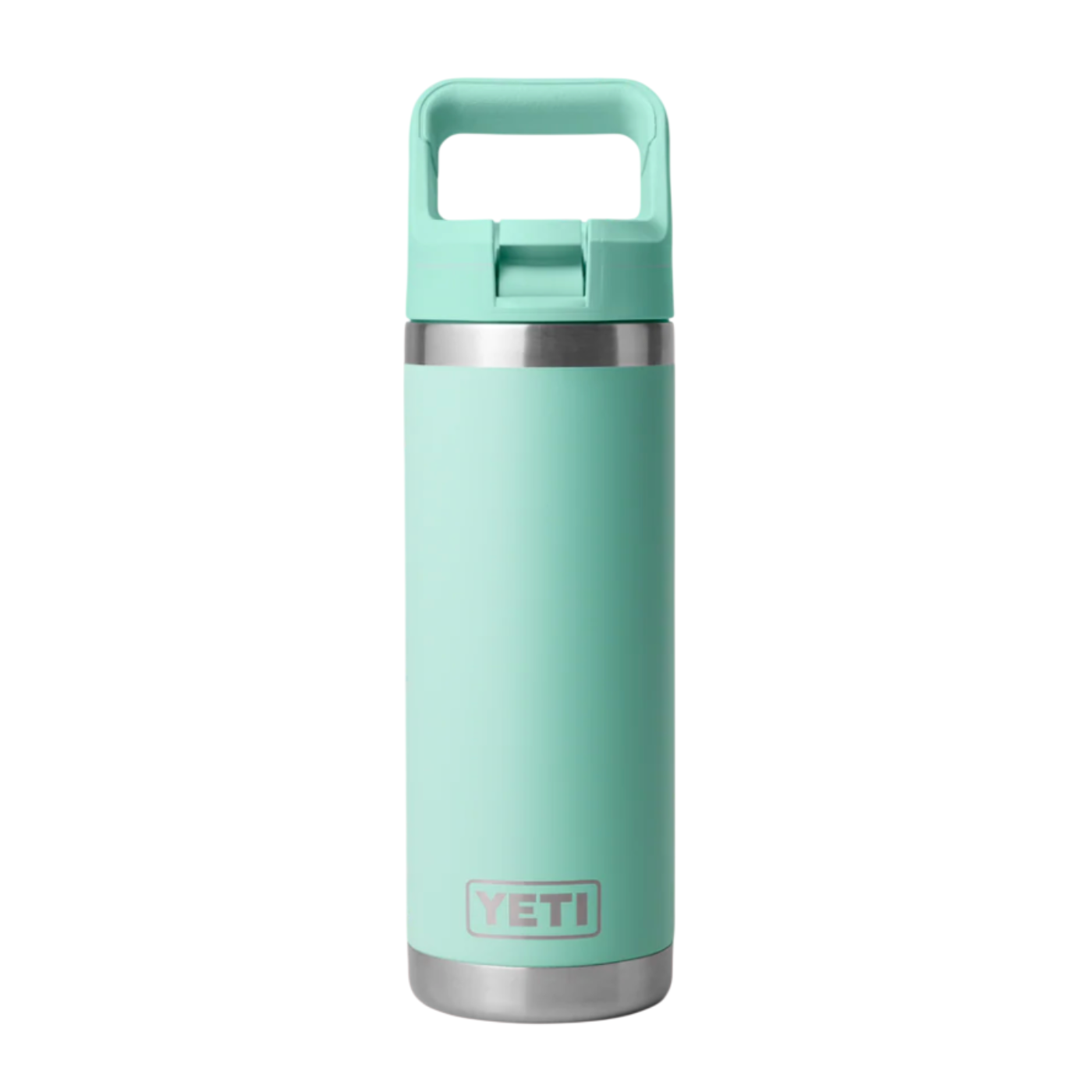 Mint green YETI bottle with handle on a white background