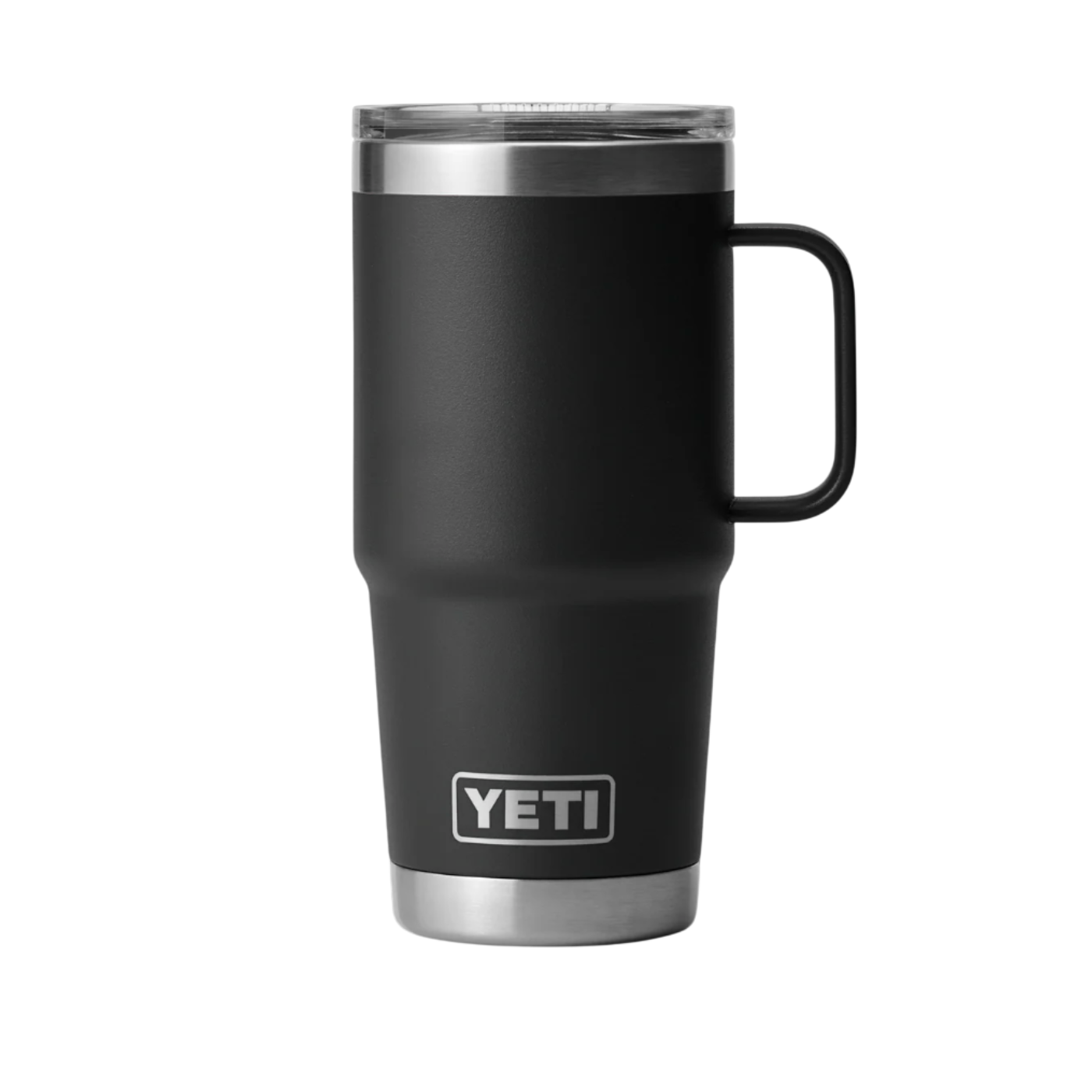 Black YETI mug with a silver rim on a white background
