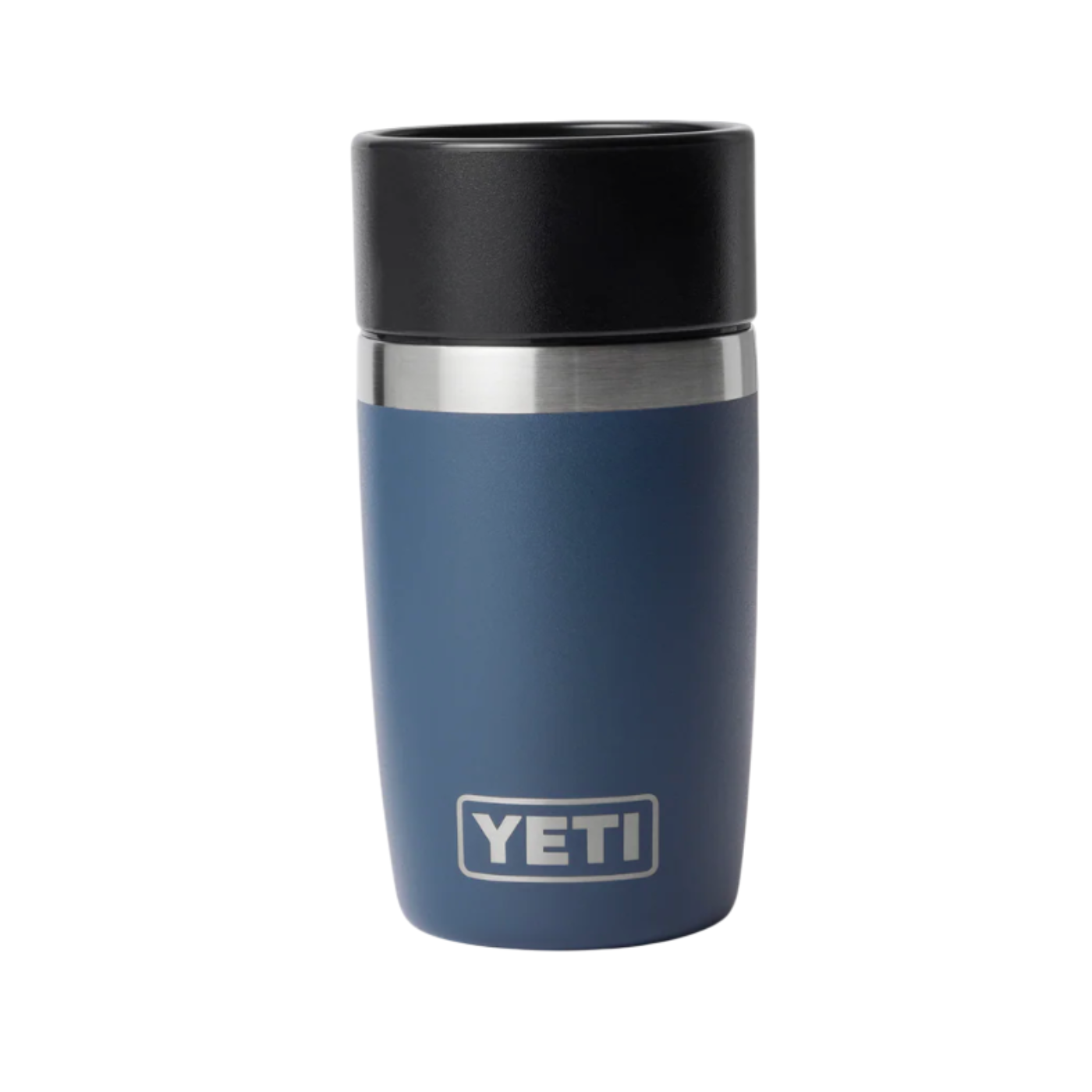 Blue YETI insulated mug with black lid on a white background