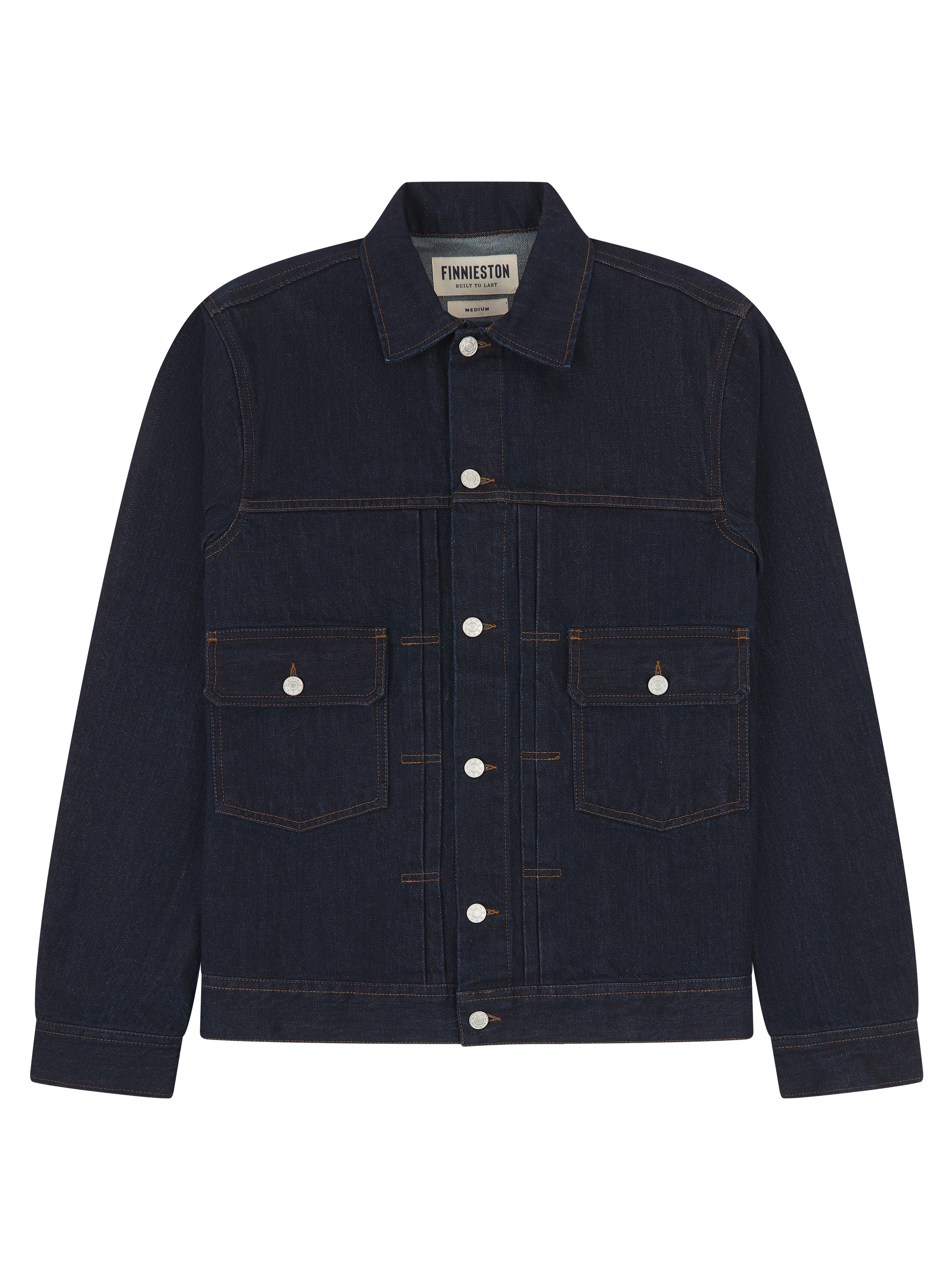 Dark denim jacket with button details on a white background