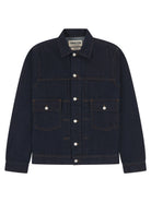 Dark denim jacket with button details on a white background