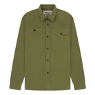 Green shirt with two chest pockets and button details on a white background
