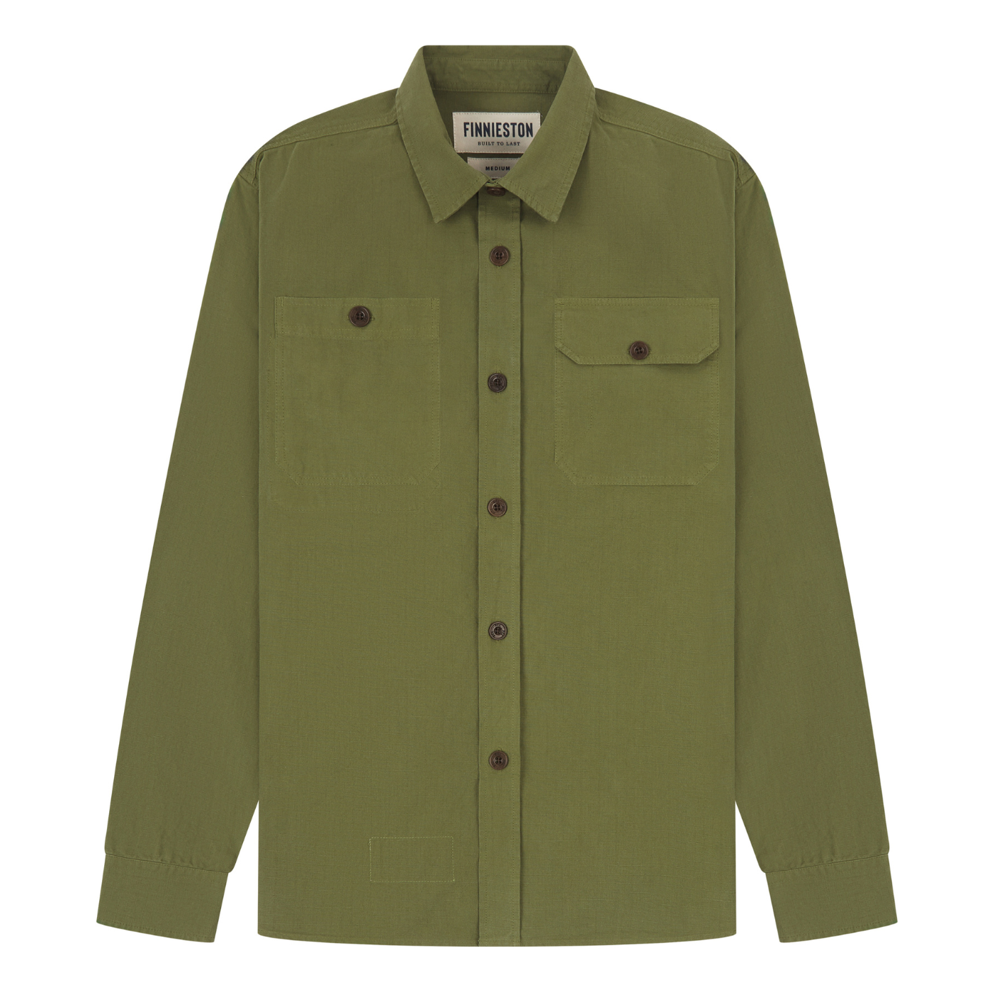 Green shirt with two chest pockets and button details on a white background