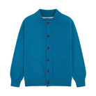 Blue cardigan with brown buttons on a white background