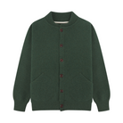 Green cardigan with brown buttons on a white background