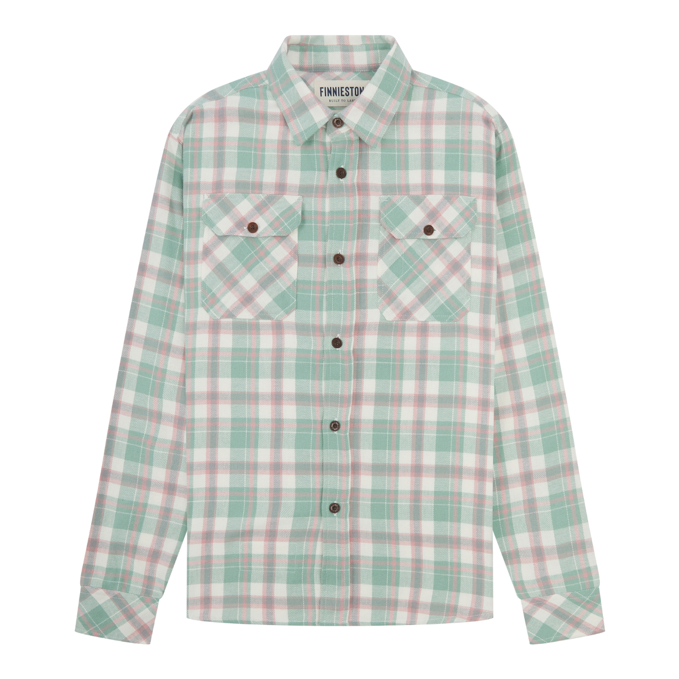 Plaid shirt with green and pink pattern on a white background