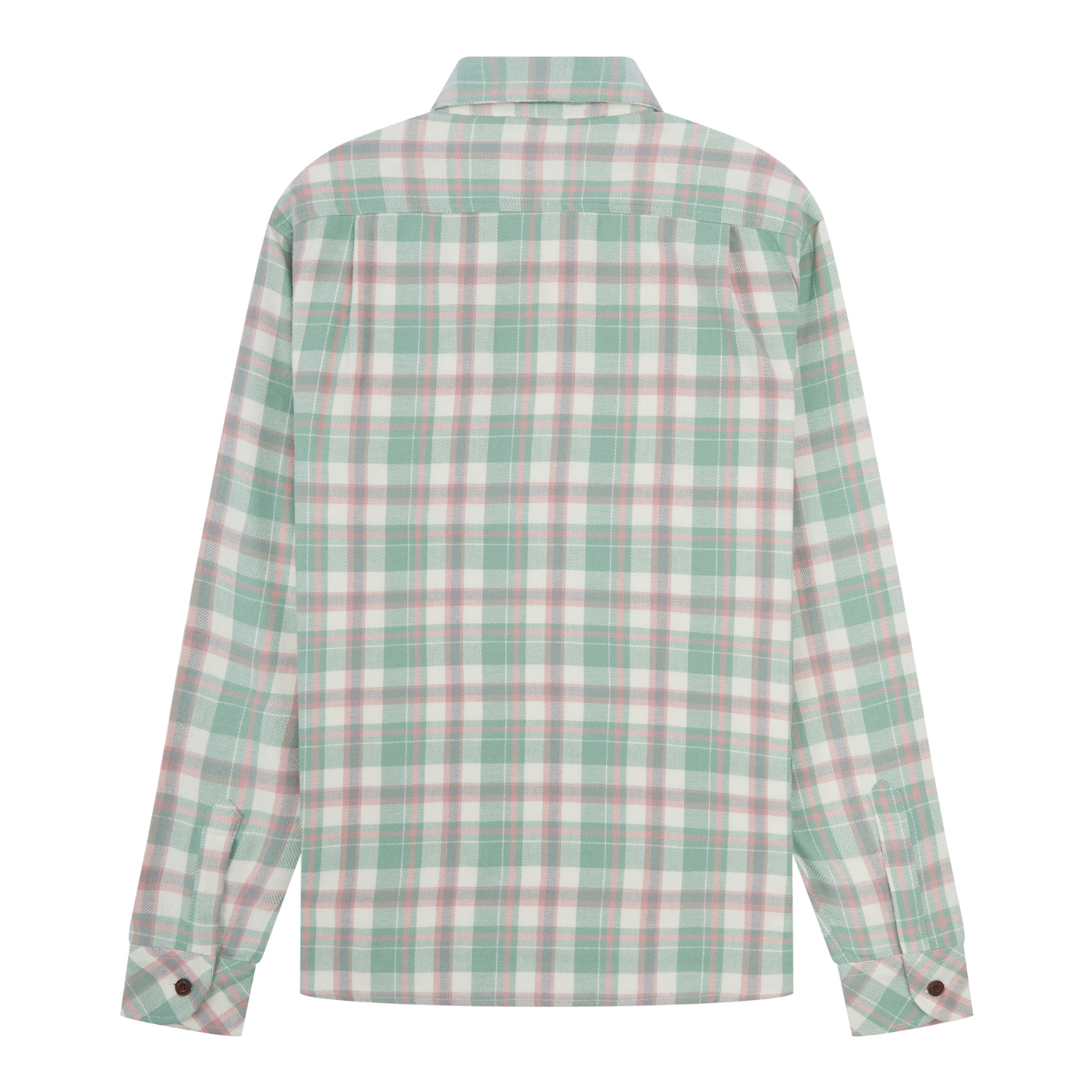 Plaid shirt with green and pink pattern on a white background