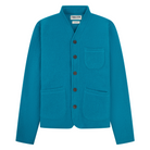 Blue wool cardigan with brown buttons on a white background