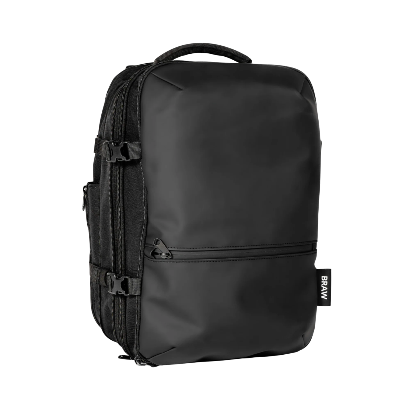 Black backpack with multiple zippers on a white background