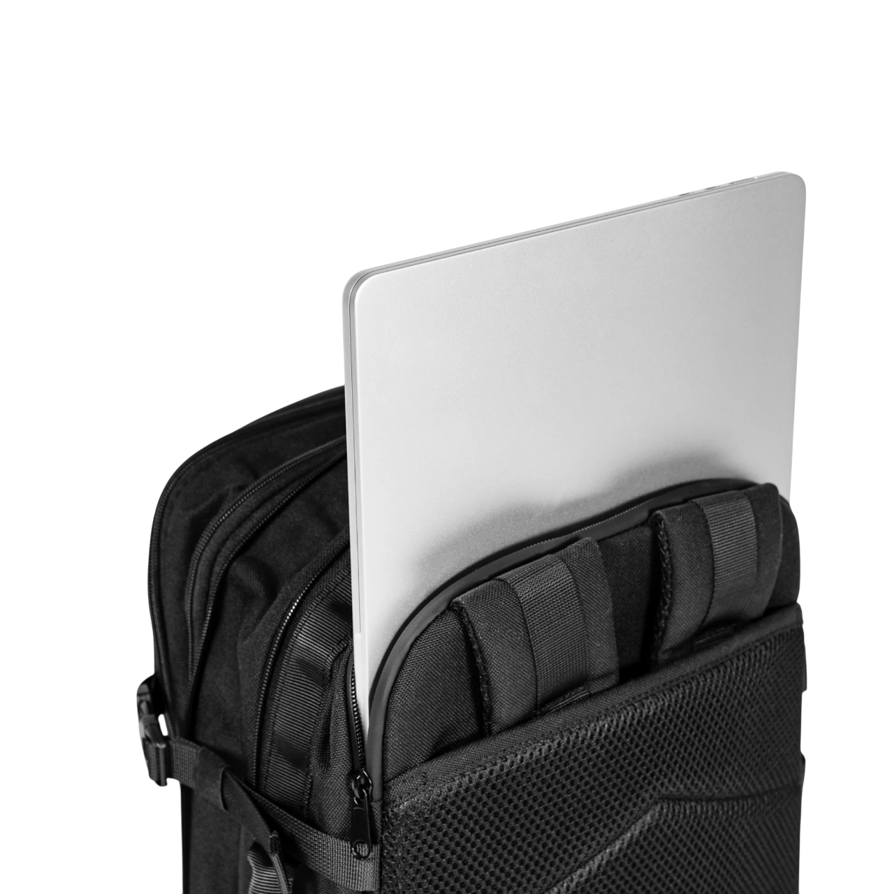 Black backpack with a laptop compartment on a white background