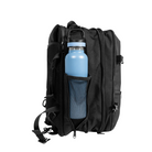 Black backpack with a blue water bottle in a pocket on a white background