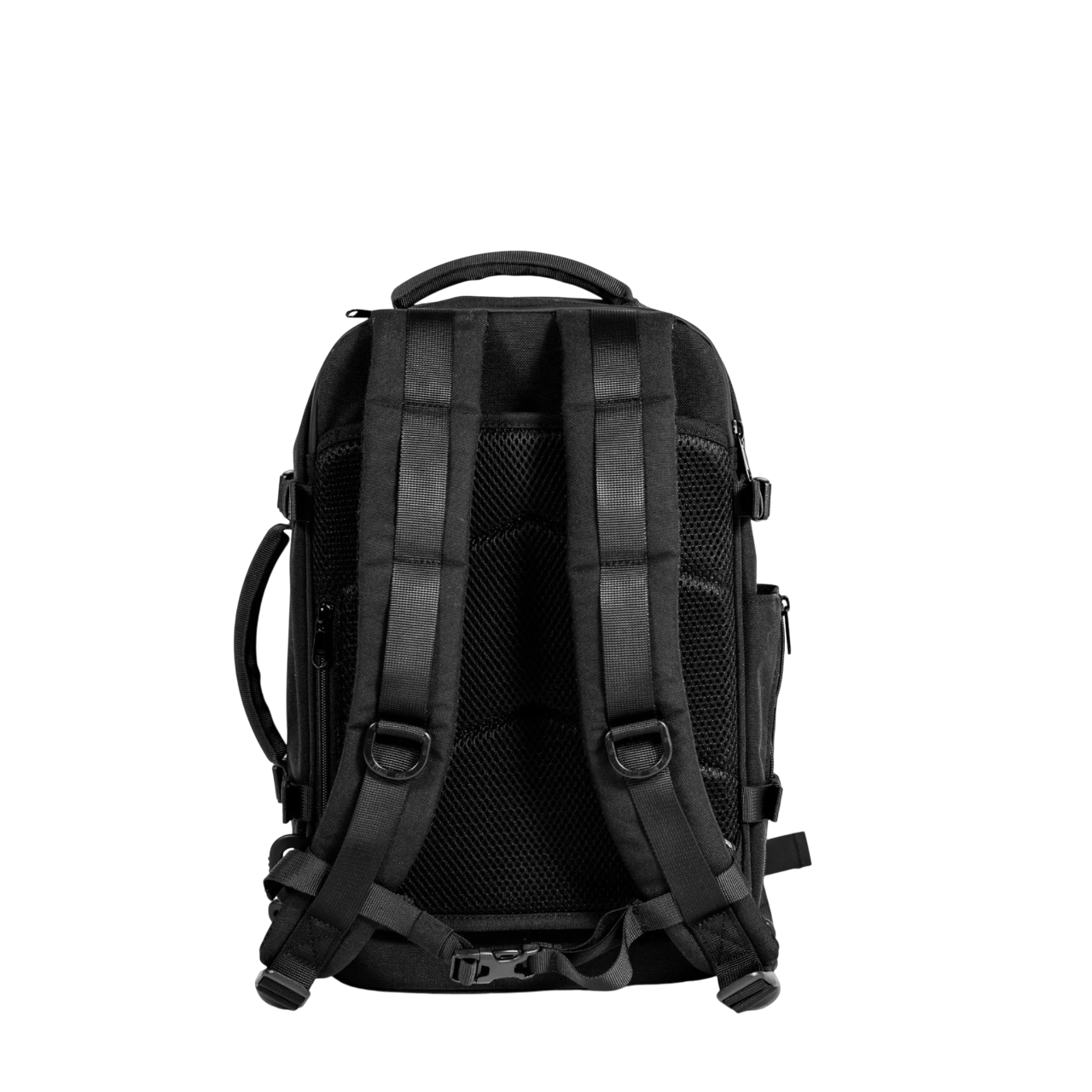 Black backpack shown from the back on a white background