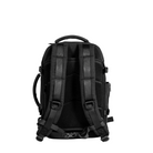 Black backpack shown from the back on a white background