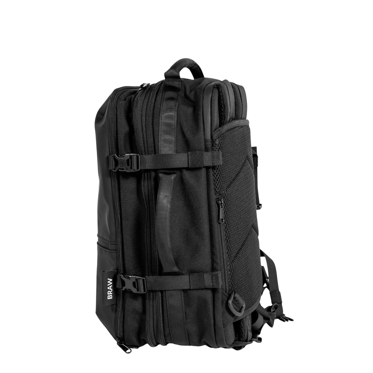 Black backpack with multiple straps and a visible brand logo on a white background