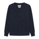 Navy cardigan with brown buttons on a white background