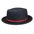 Navy blue hat with a red band on a white background