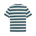 Back view of a blue and white striped t-shirt on a white background