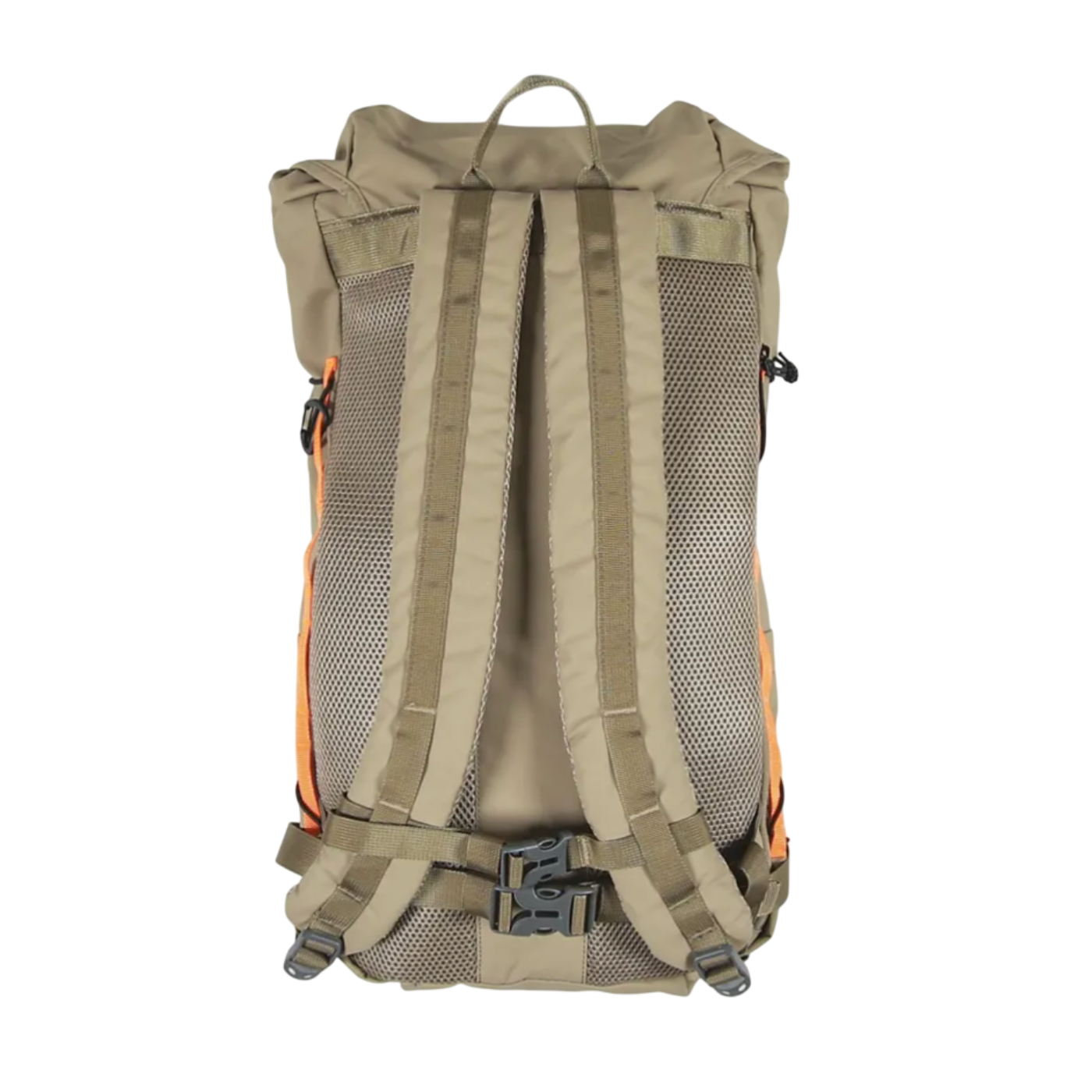 Beige backpack with orange accents on a white background
