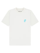 A white short-sleeve crewneck t-shirt with a small light blue abstract graphic on the left chest, displayed flat against a white background.