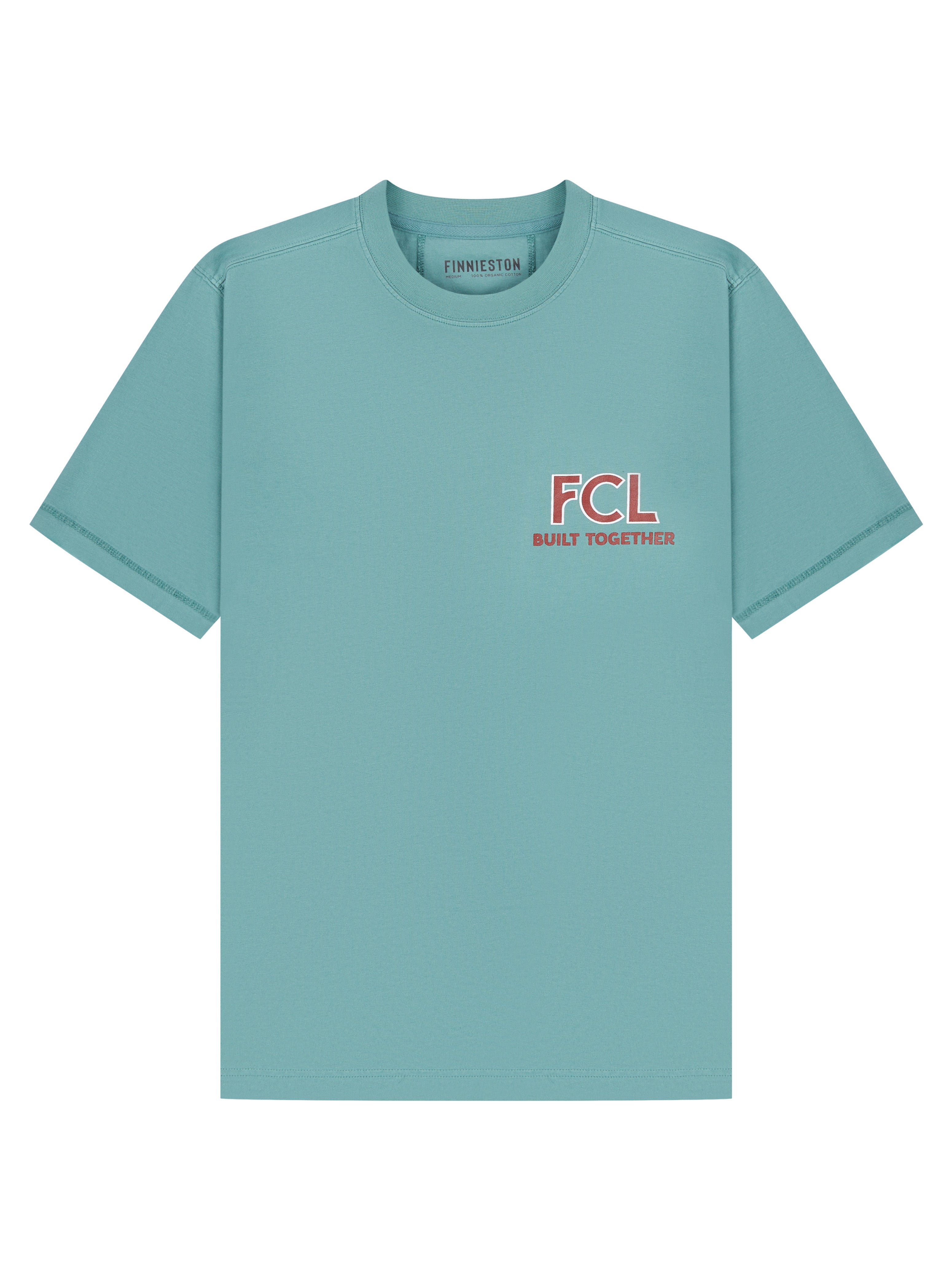 A light teal short-sleeve crewneck t-shirt with a small red and white graphic on the left chest reading 'FCL BUILT TOGETHER'. The brand name 'FINNIESTON' is visible printed inside the collar.