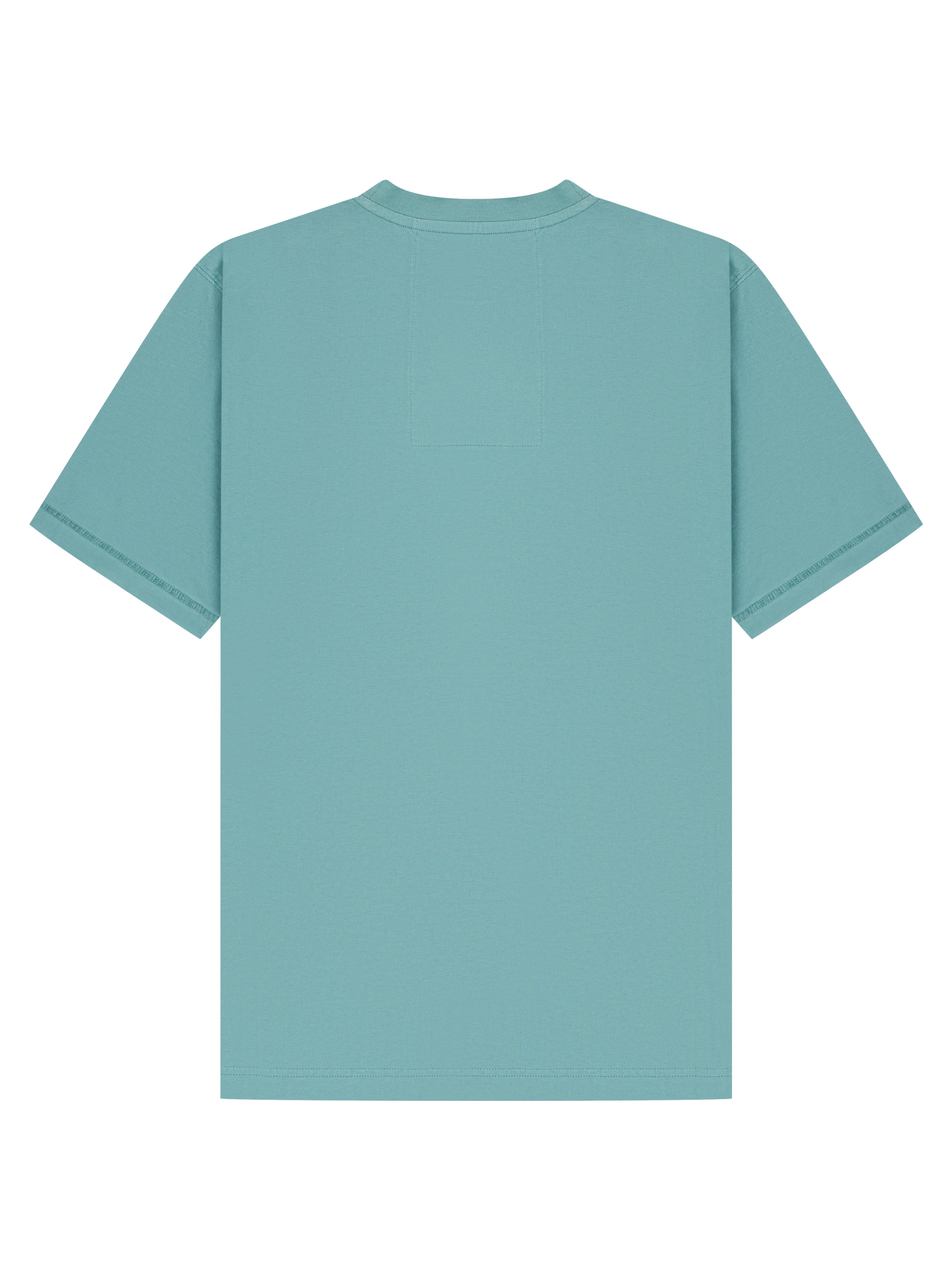 A light teal short-sleeve t-shirt shown from the back, laid flat against a solid white background.