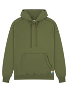 An olive green pullover hoodie with a front kangaroo pocket and drawstrings, shown against a plain white background.