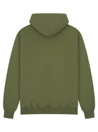 An olive green hooded sweatshirt shown from the back, featuring a ribbed texture, long sleeves, and a hood, set against a plain white background.