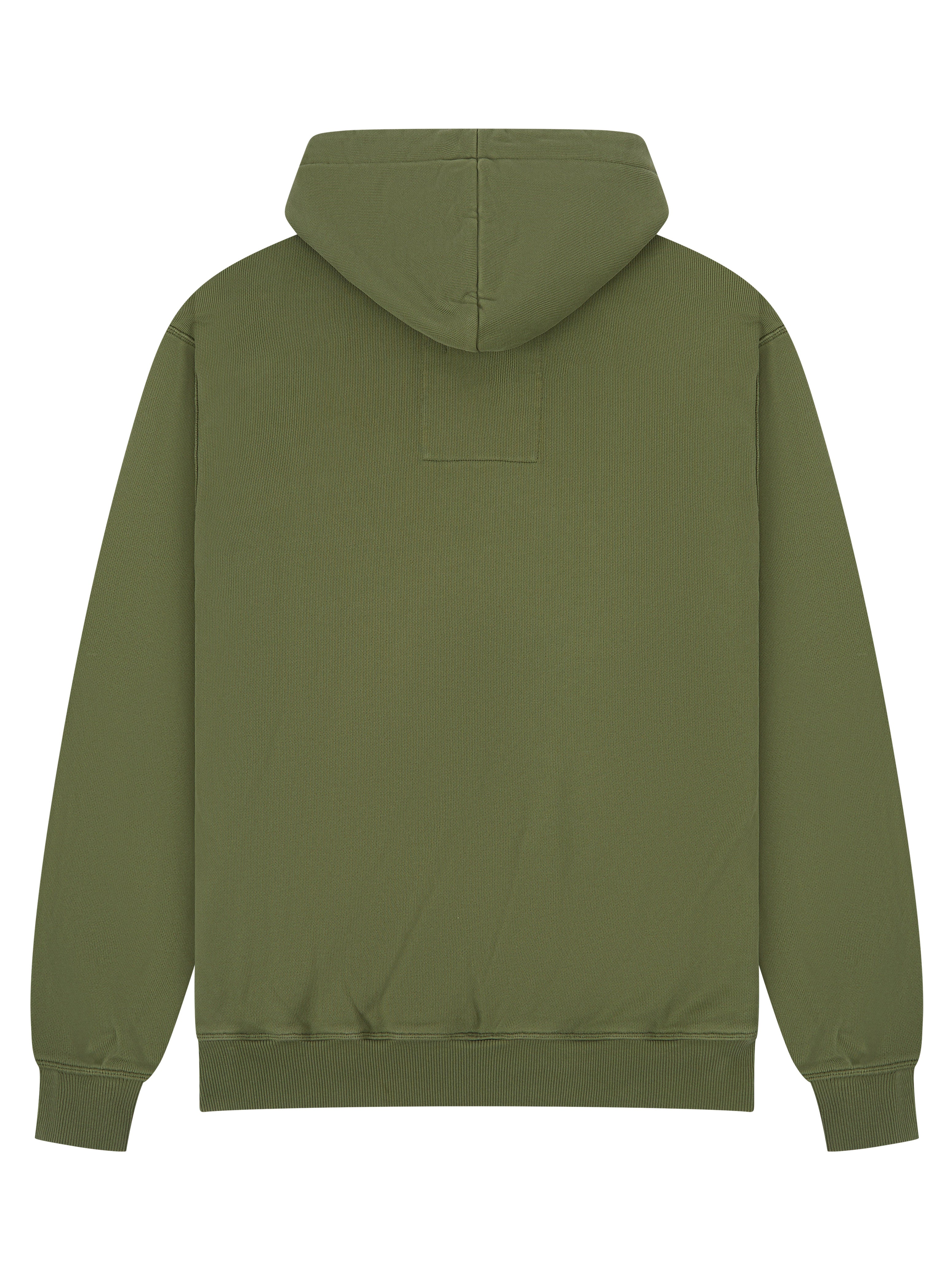 An olive green hooded sweatshirt shown from the back, featuring a ribbed texture, long sleeves, and a hood, set against a plain white background.