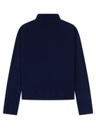 A dark navy blue cropped sweater with long sleeves and a mock neck, shown from the back on a plain white background.