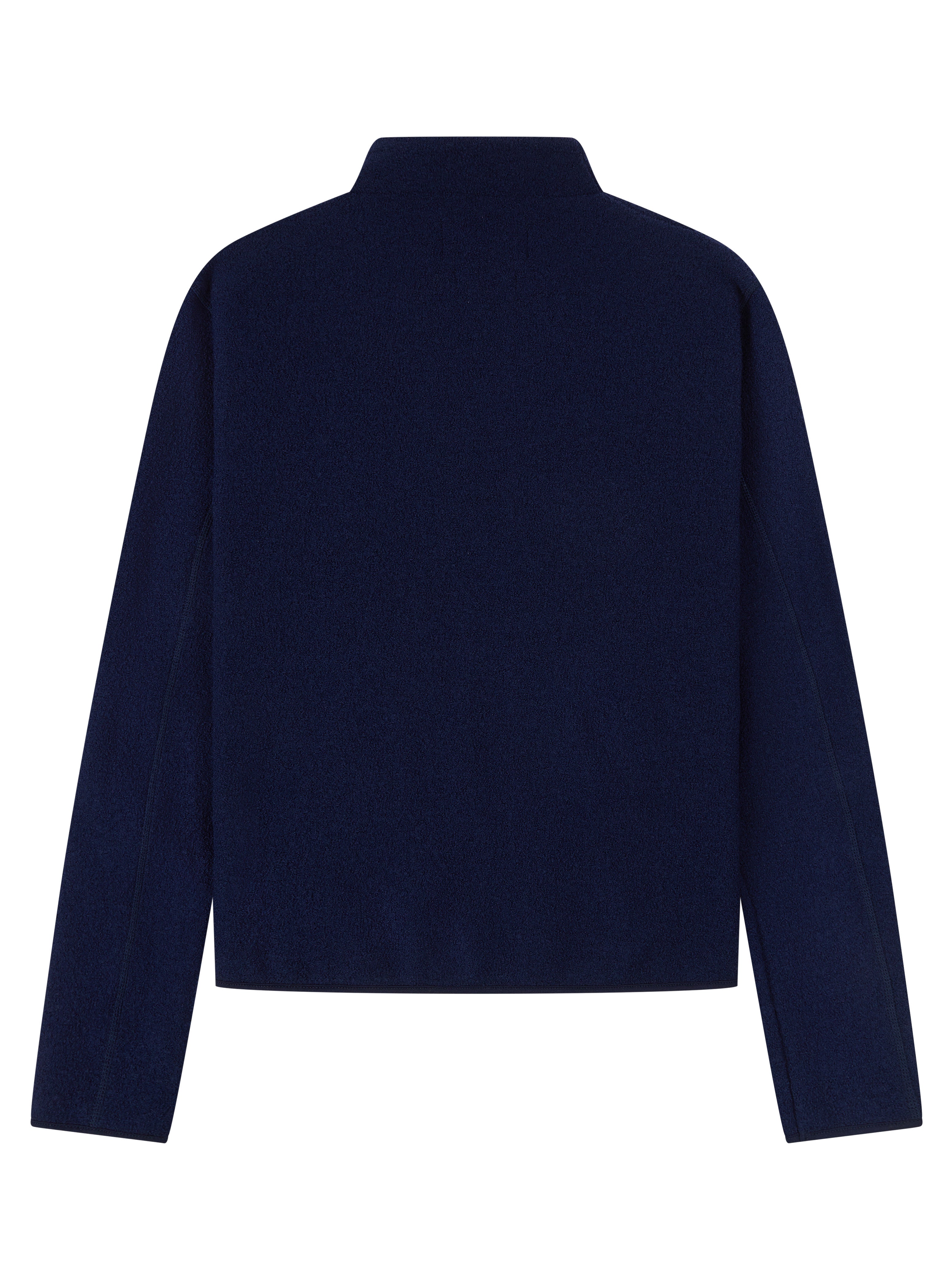 A dark navy blue cropped sweater with long sleeves and a mock neck, shown from the back on a plain white background.