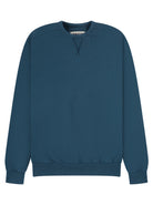 A dark teal blue ribbed crewneck sweatshirt with long sleeves and ribbed cuffs and hem, shown flat against a plain white background.