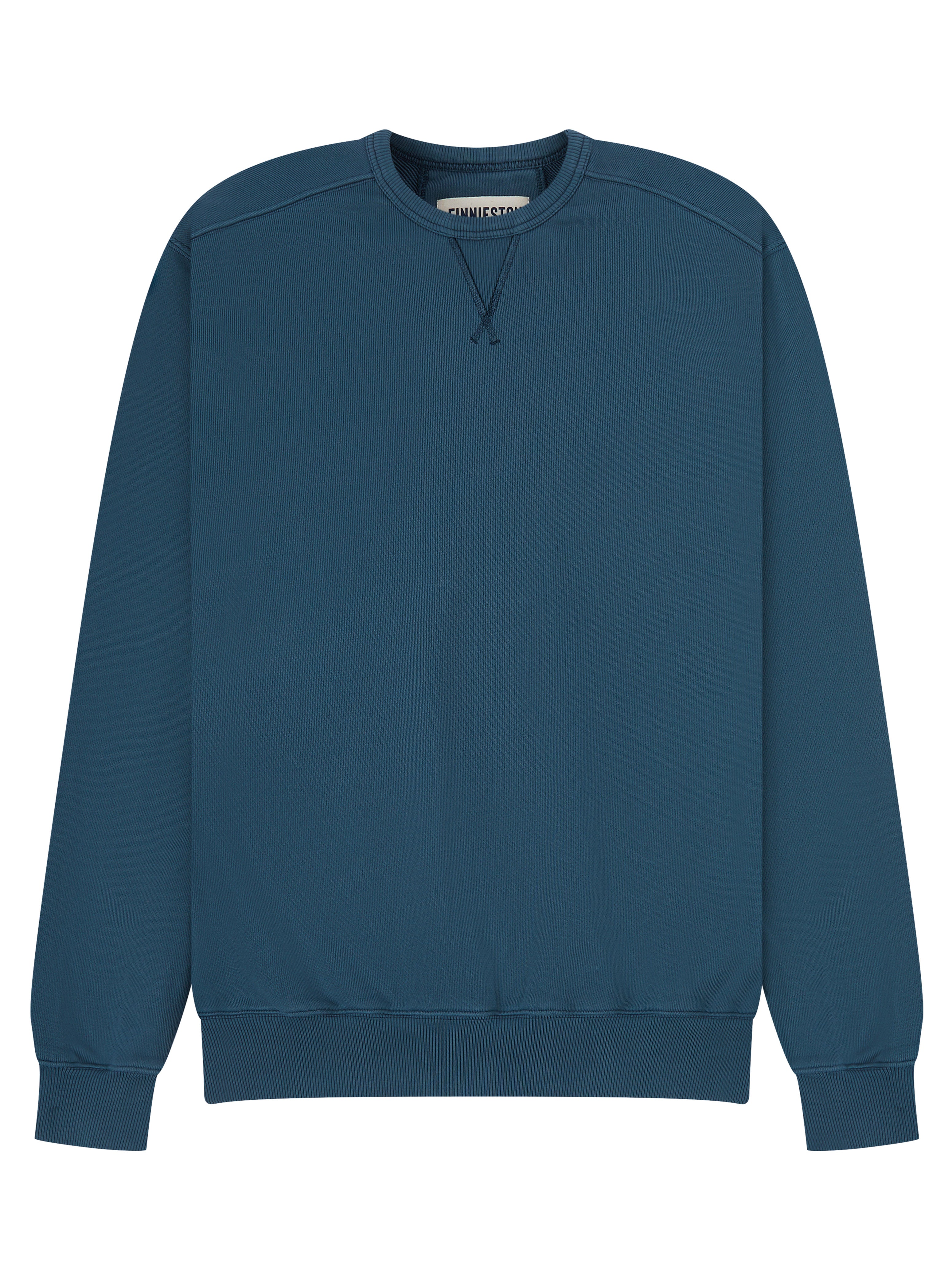 A dark teal blue ribbed crewneck sweatshirt with long sleeves and ribbed cuffs and hem, shown flat against a plain white background.