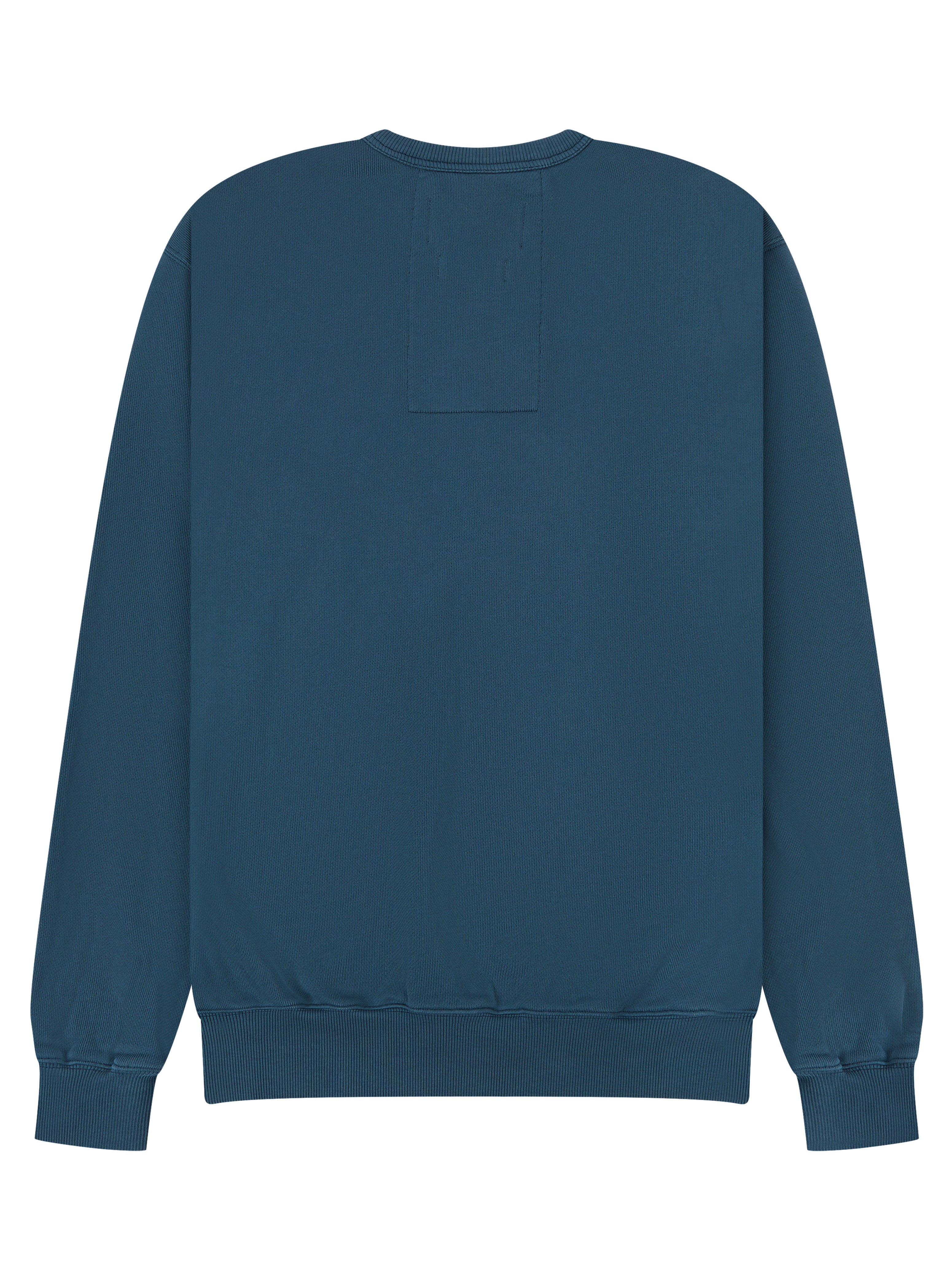 Back of blue organic cotton sweat on white background
