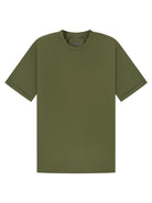 An olive green short-sleeve crewneck t-shirt displayed flat against a solid white background.