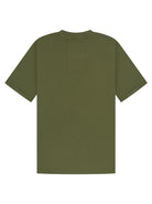 An olive green short-sleeve t-shirt shown from the back, featuring a small rectangular patch on the upper back, set against a plain white background.