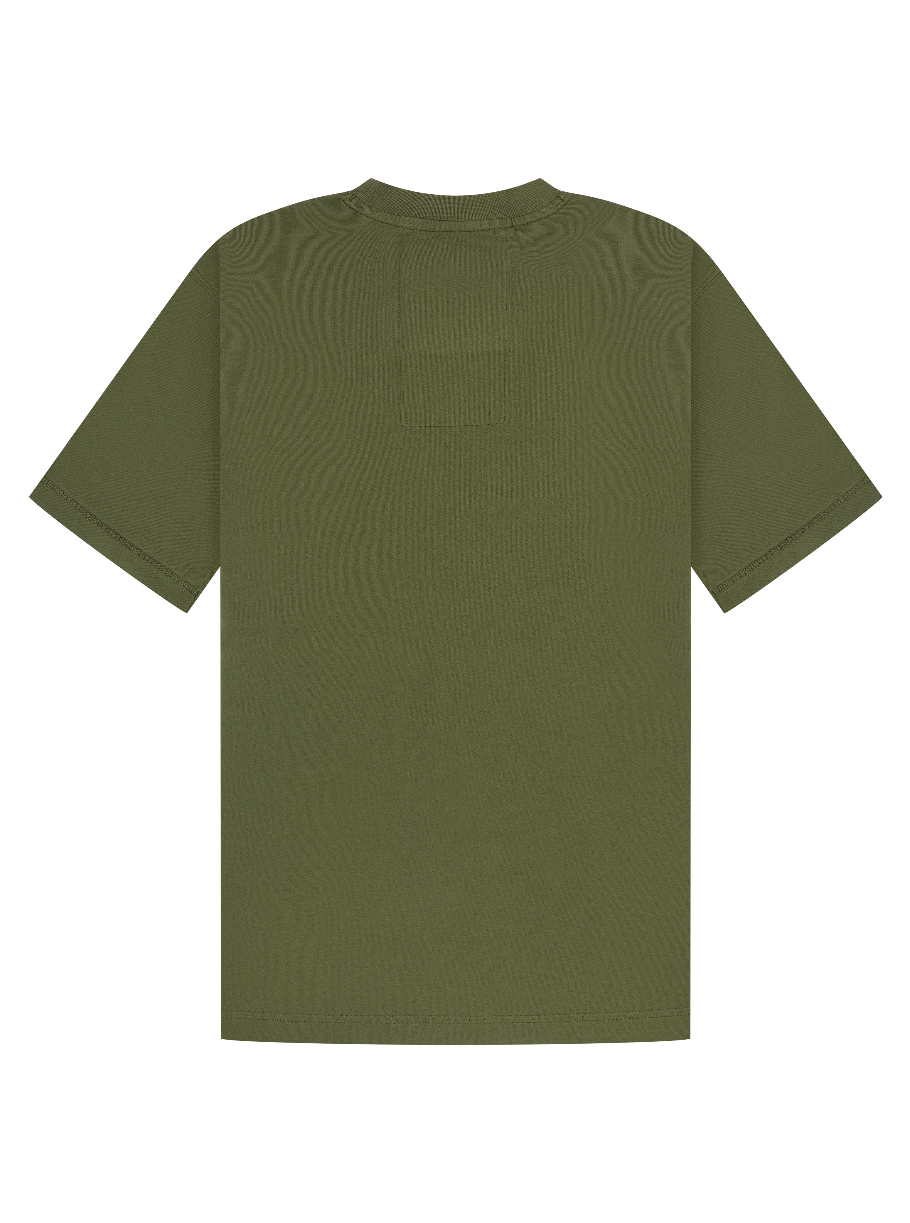 An olive green short-sleeve t-shirt shown from the back, featuring a small rectangular patch on the upper back, set against a plain white background.
