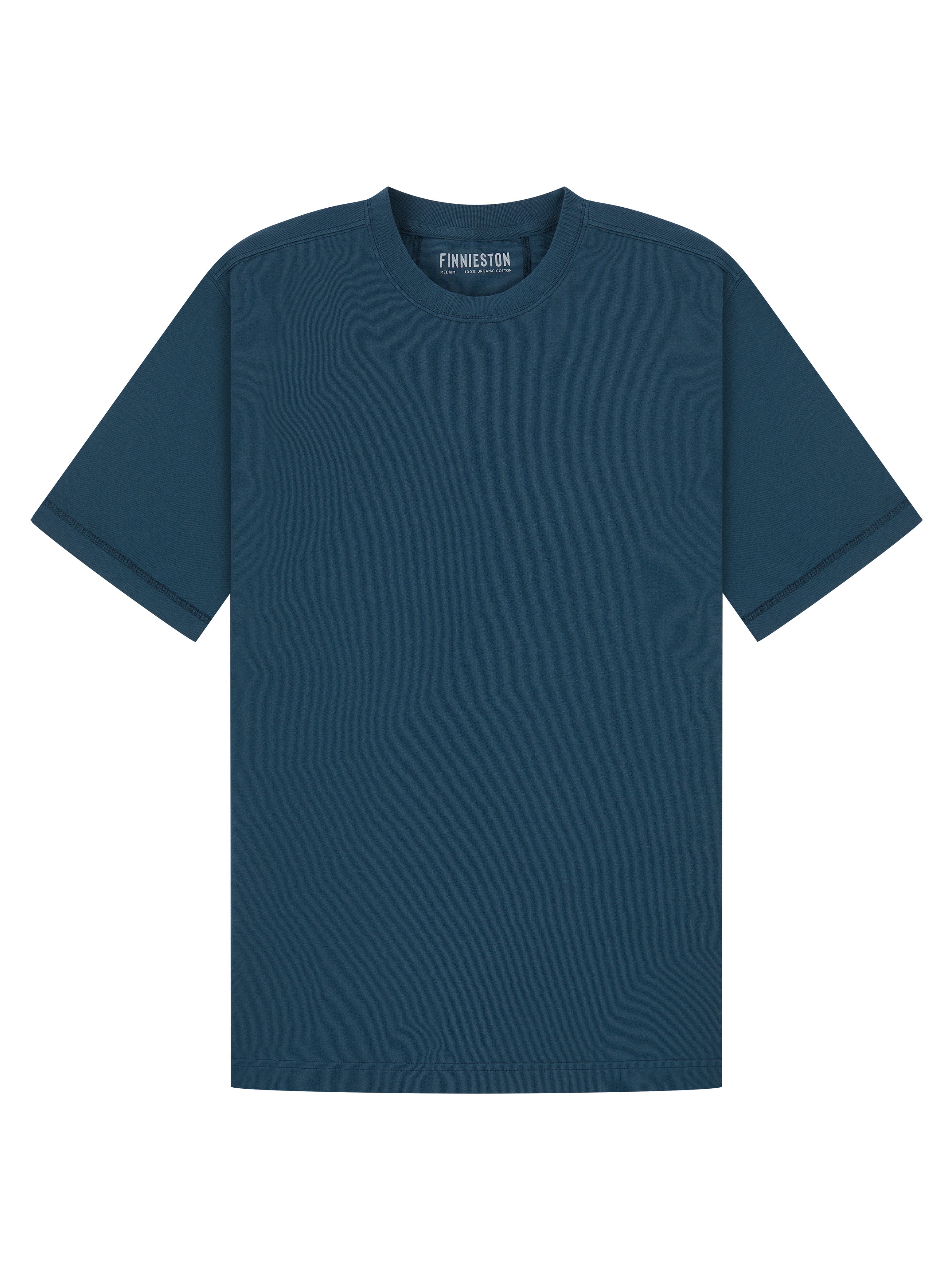 A dark teal short-sleeve crewneck t-shirt with a subtle vertical ribbed texture, shown flat against a solid white background. The brand name 'FURNESTON' is printed in white on the inside of the collar.