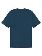 A dark teal blue short-sleeve t-shirt with a subtle vertical ribbed texture, shown from the back on a solid white background.
