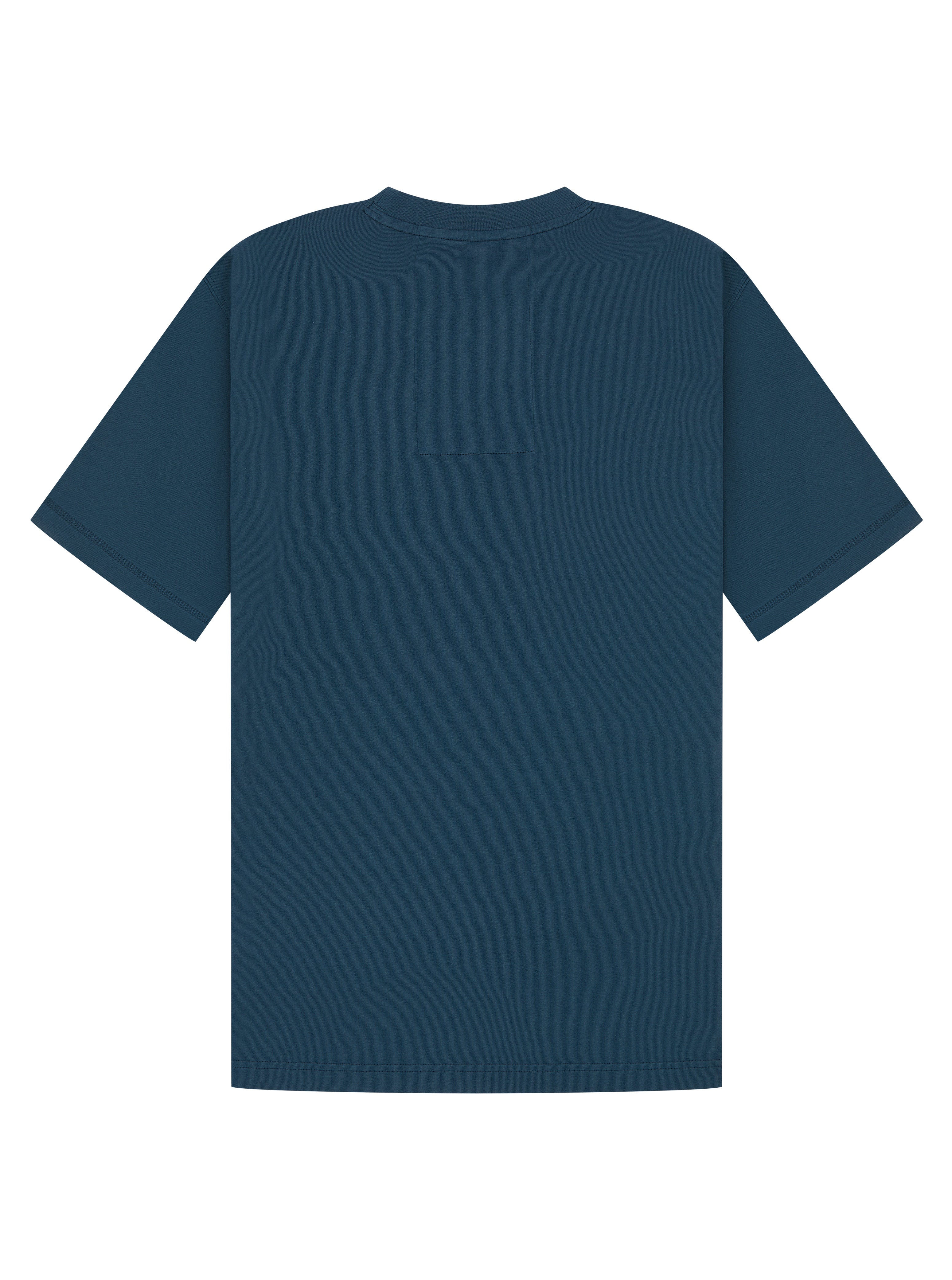 A dark teal blue short-sleeve t-shirt with a subtle vertical ribbed texture, shown from the back on a solid white background.