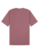 A dusty rose short-sleeve t-shirt shown from the back, featuring a subtle vertical ribbed texture and a small tonal rectangular patch on the upper back, set against a plain white background.