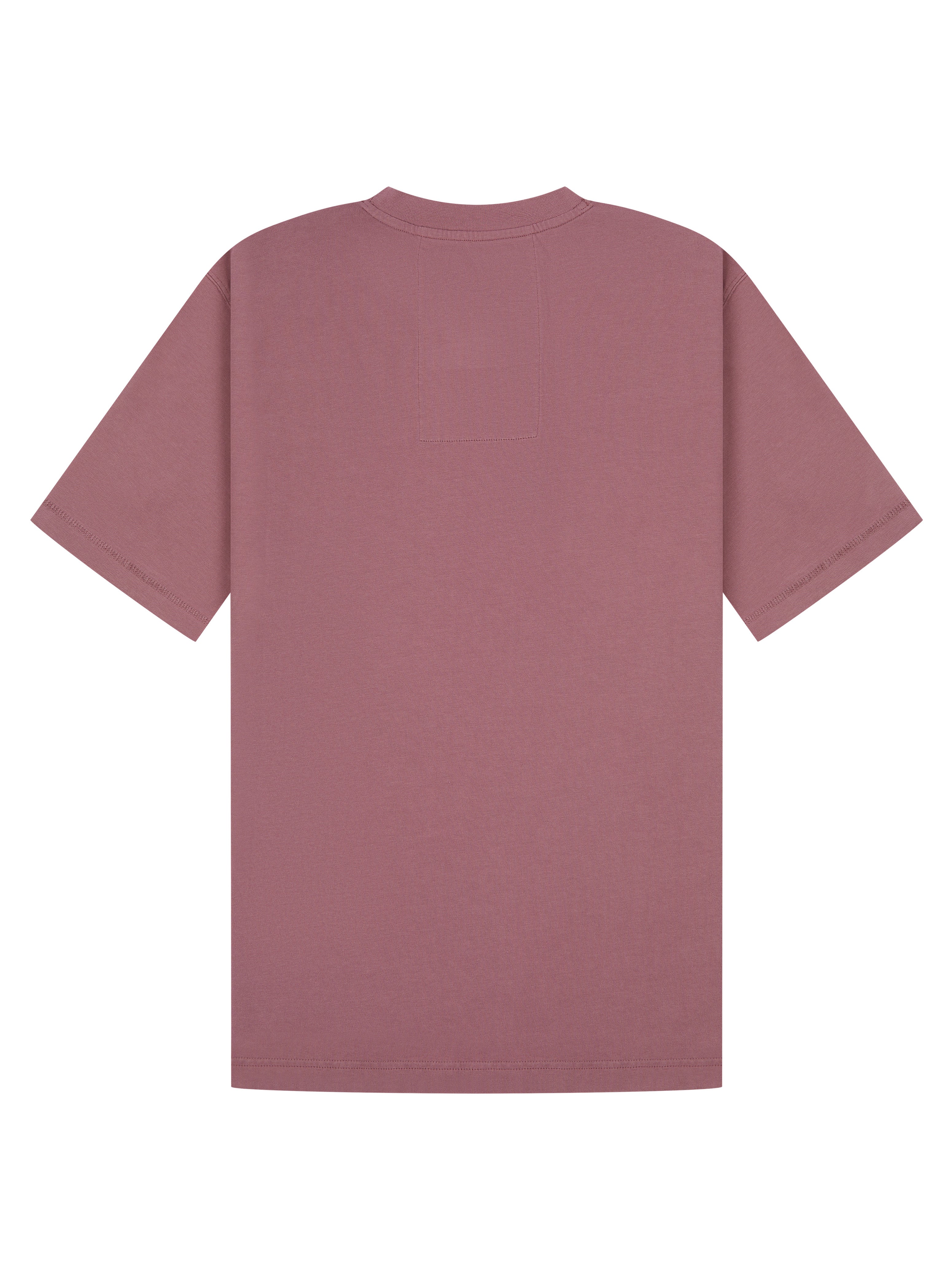 A dusty rose short-sleeve t-shirt shown from the back, featuring a subtle vertical ribbed texture and a small tonal rectangular patch on the upper back, set against a plain white background.
