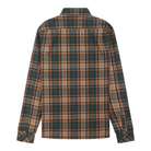 Plaid shirt with green, brown, and beige pattern on a white background