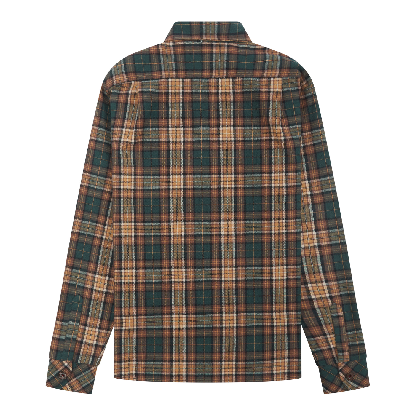 Plaid shirt with green, brown, and beige pattern on a white background