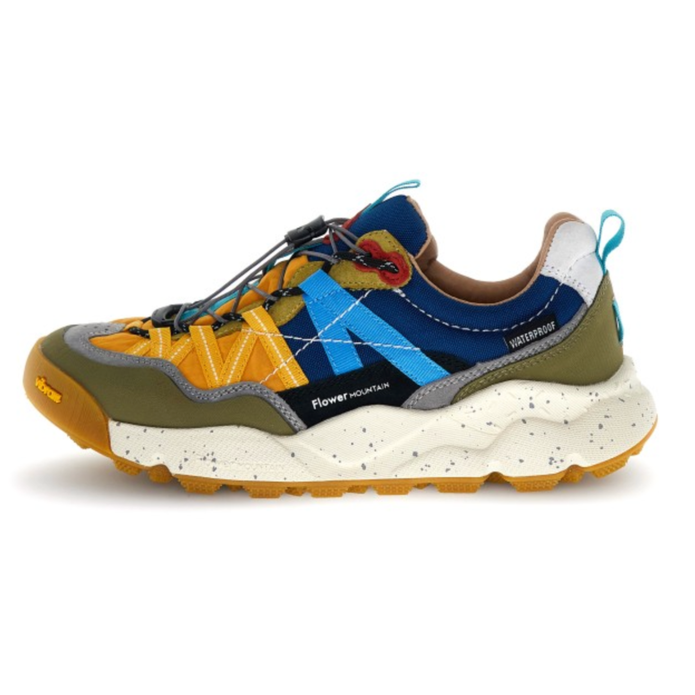 Multicolored sneaker with blue, yellow, and brown accents on a white background
