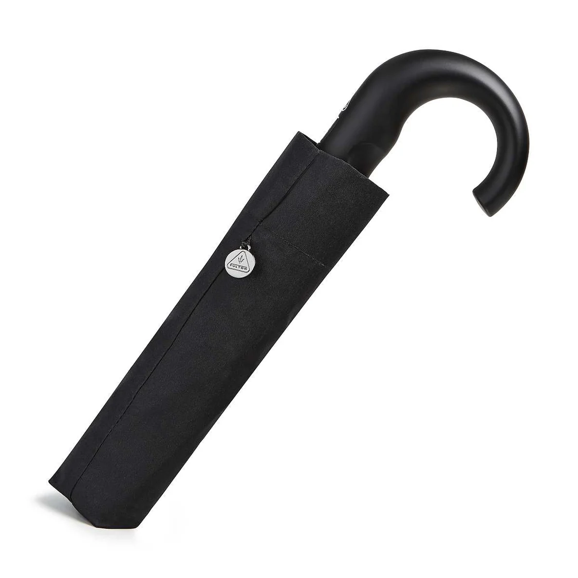 Black umbrella with a curved handle on a white background