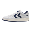 White sneaker with blue accents on a white background