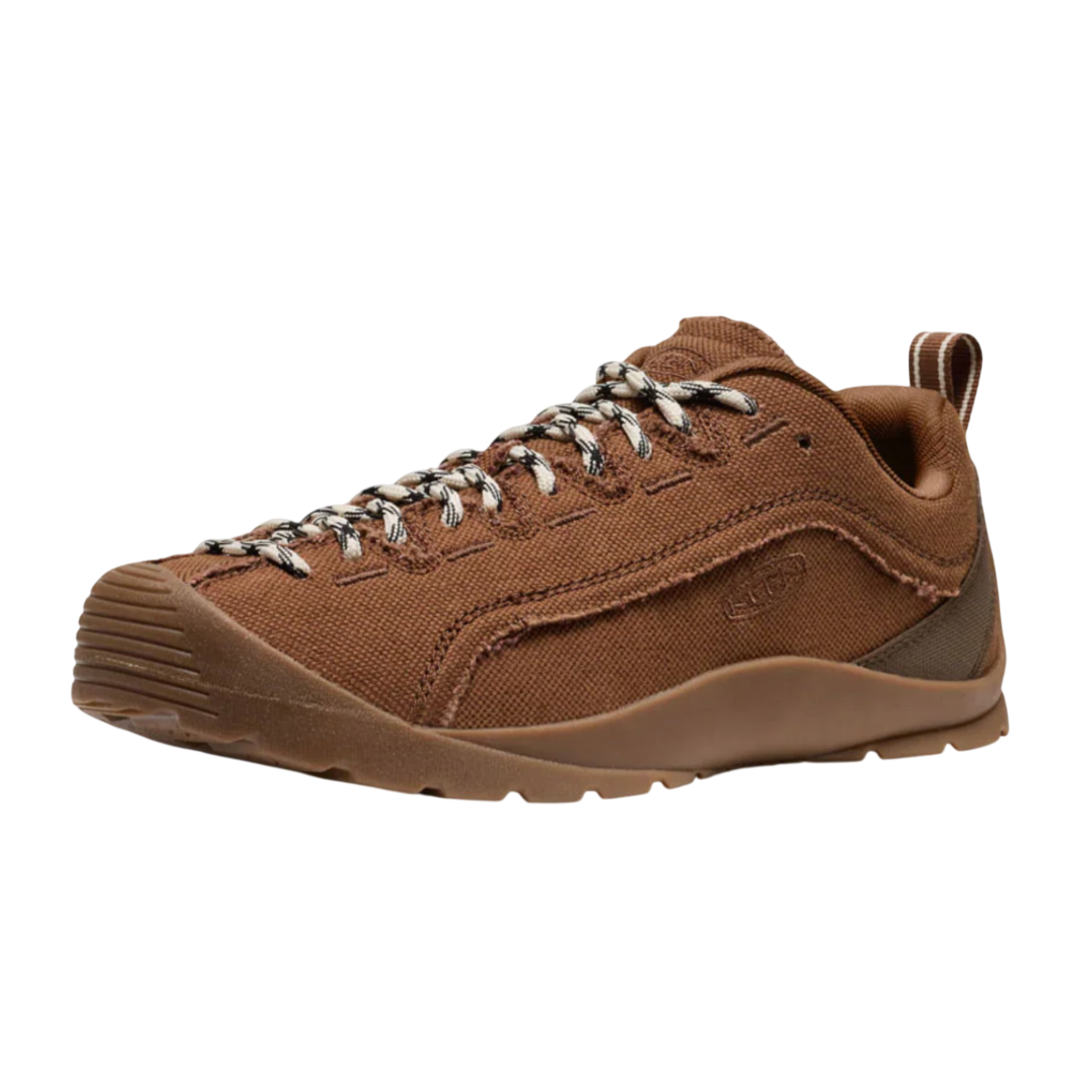 Brown hiking shoe with laces on a white background