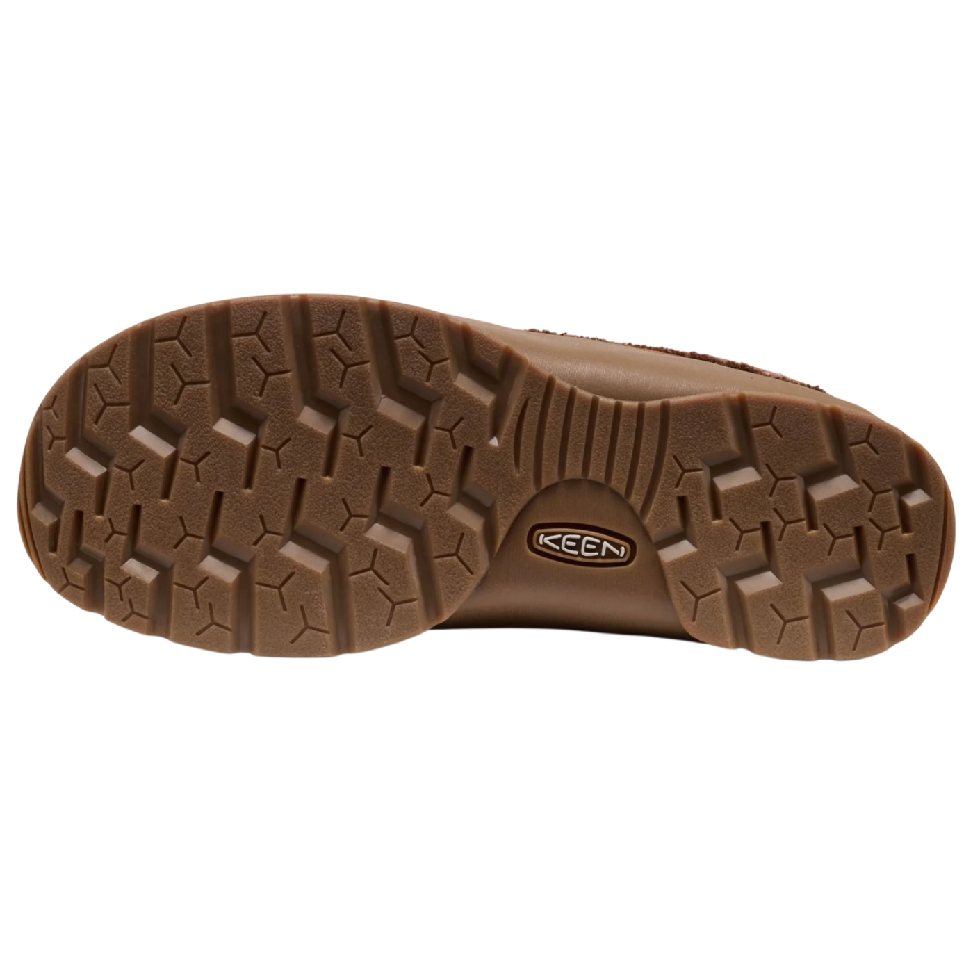 Brown sole of a shoe with 'Keen' branding on a white background