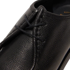 Close-up of a black leather shoe with laces on a white background