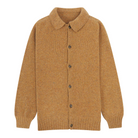 Mustard yellow knit cardigan with collar and brown buttons on a white background